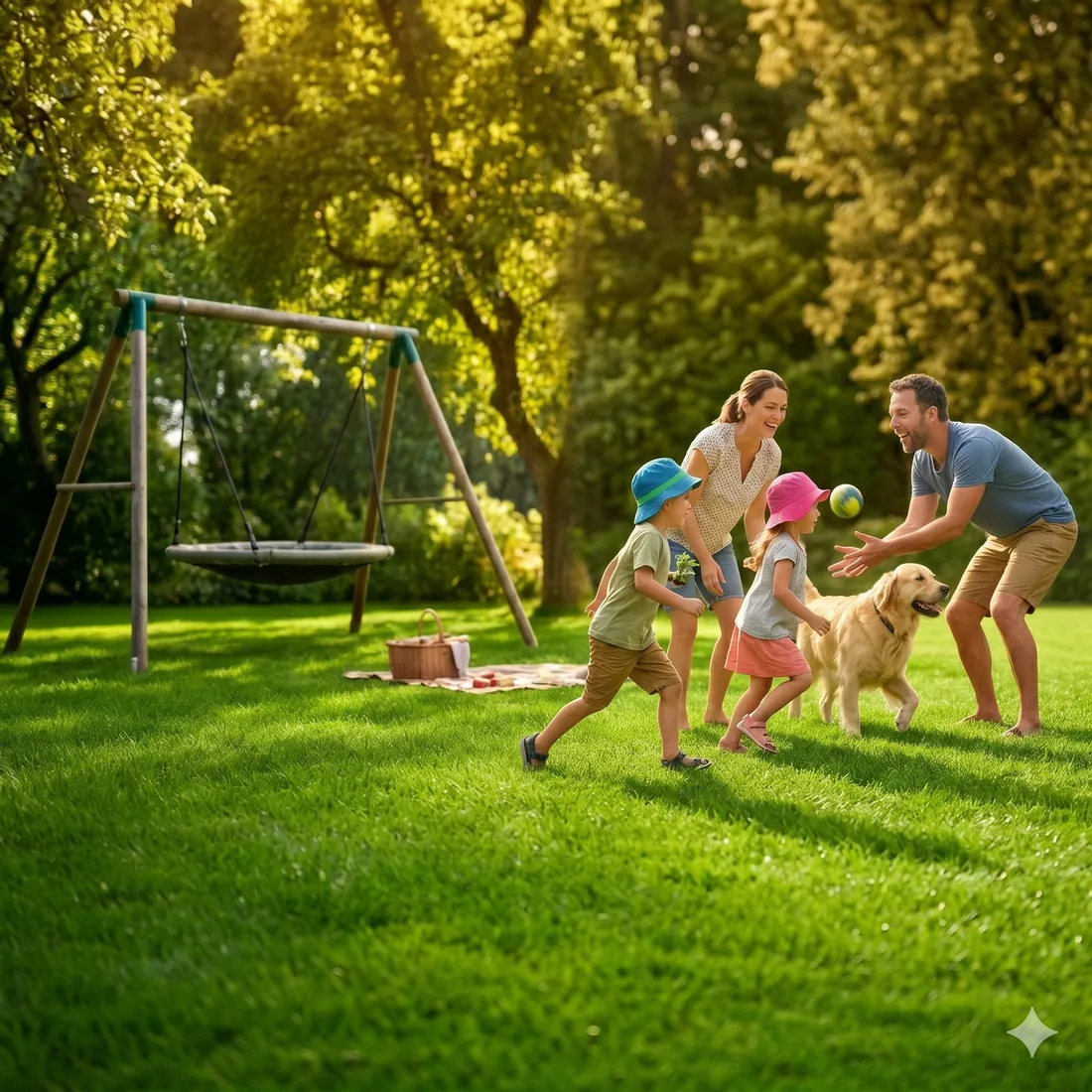 Familie spielt mit Hund und Ball auf sattgrünem Familyrasen